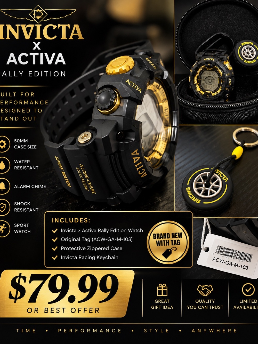 Invicta Activa Rally Edition Black & Gold Sport Watch
